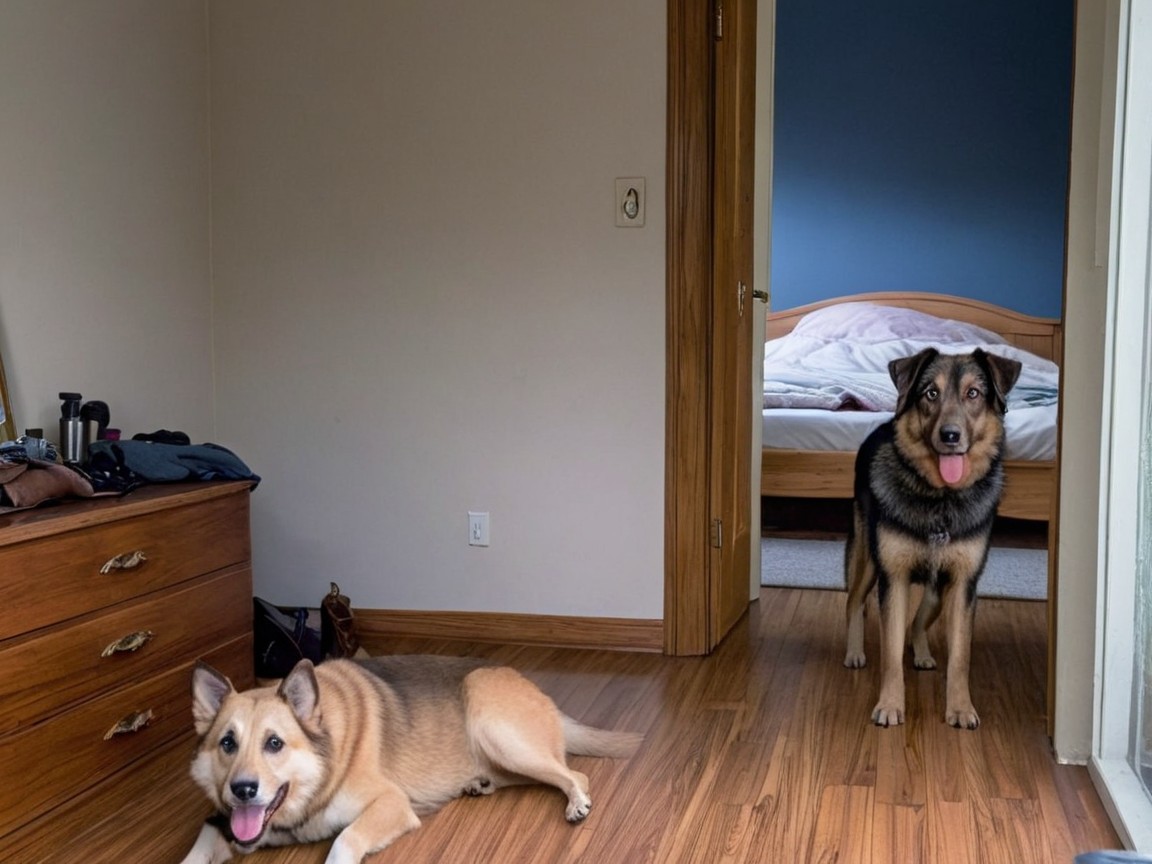 Dogs in a Cozy Room with Wooden Flooring and Dresser
