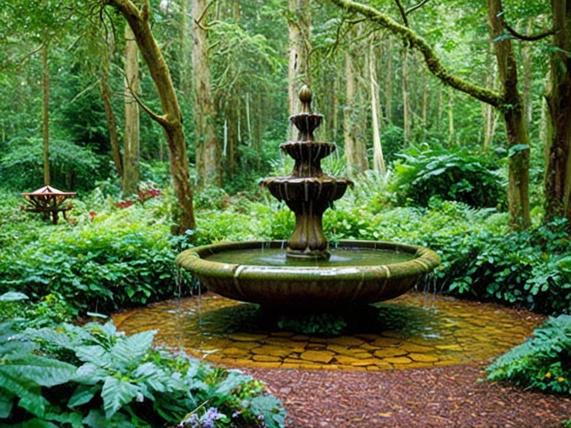 Serene Garden with Tiered Fountain and Picnic Table