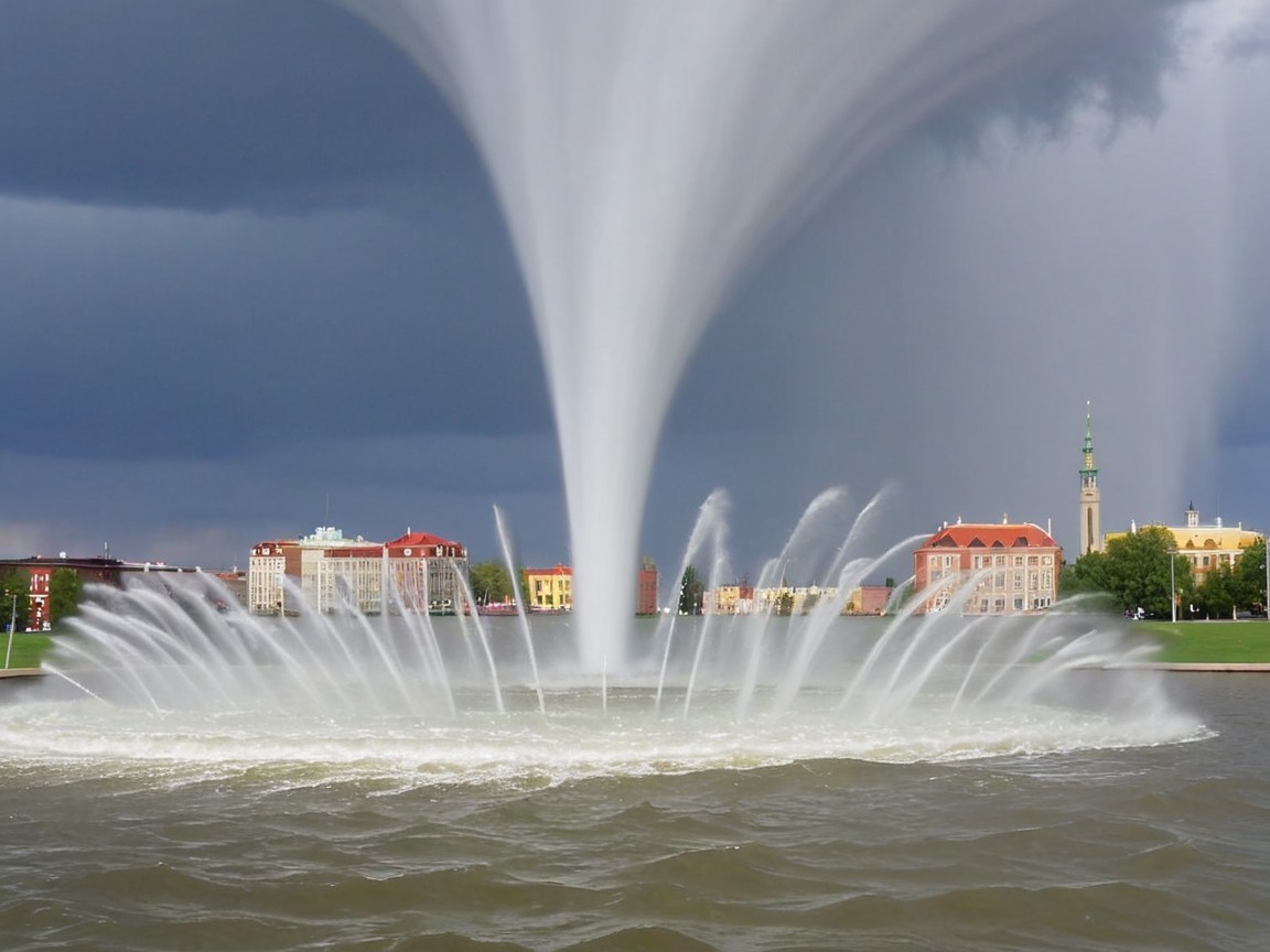 Fountain with Water Spray Against Dramatic Cloudscape