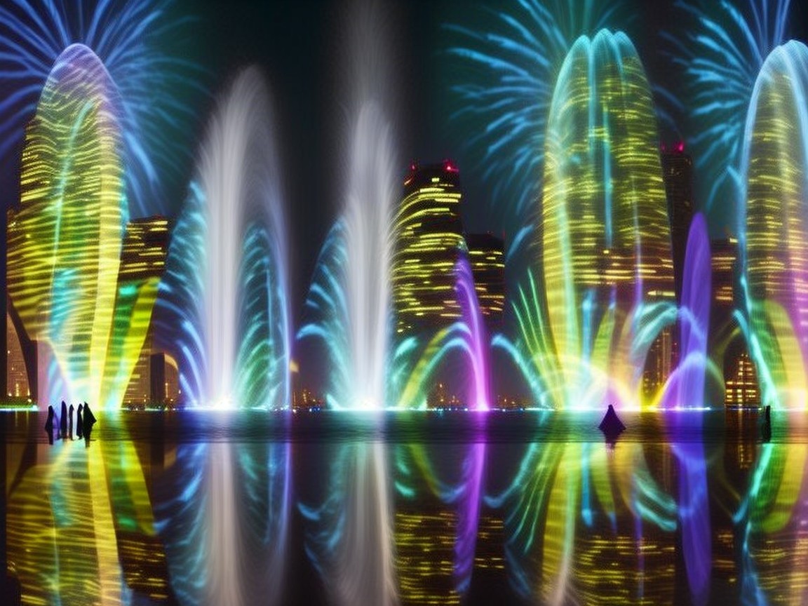 Colorful Nighttime Water Fountain Display in Urban Setting