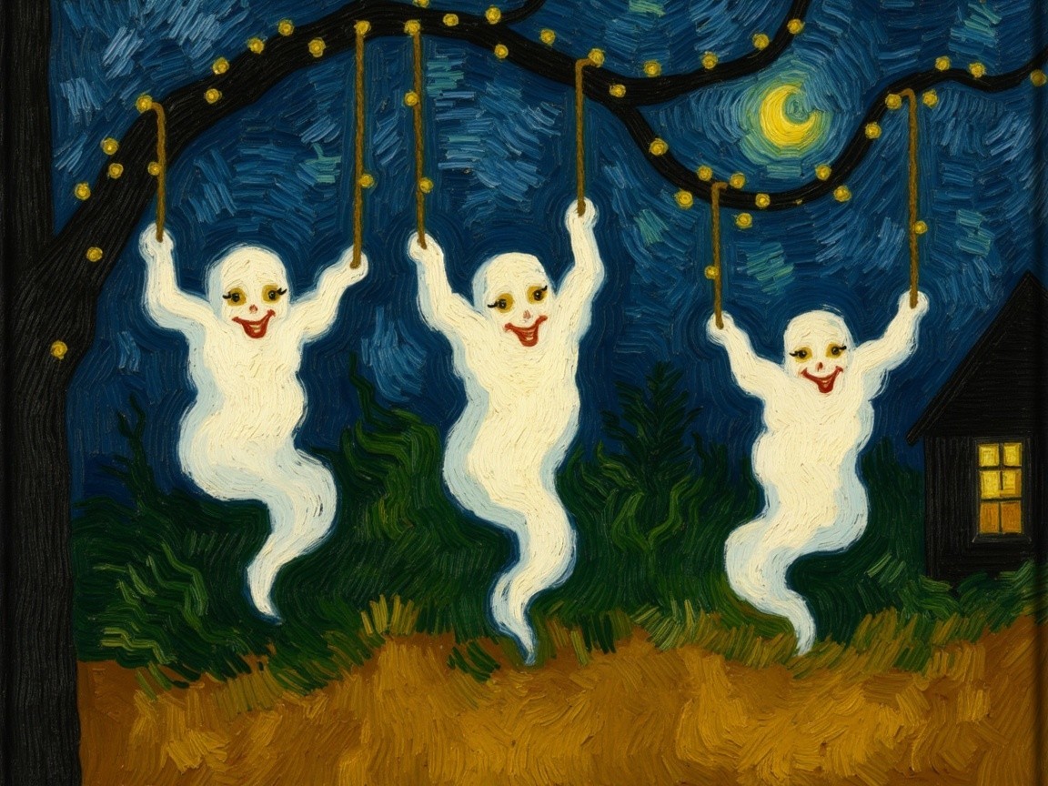 Cheerful Cartoon Ghosts in a Whimsical Halloween Scene