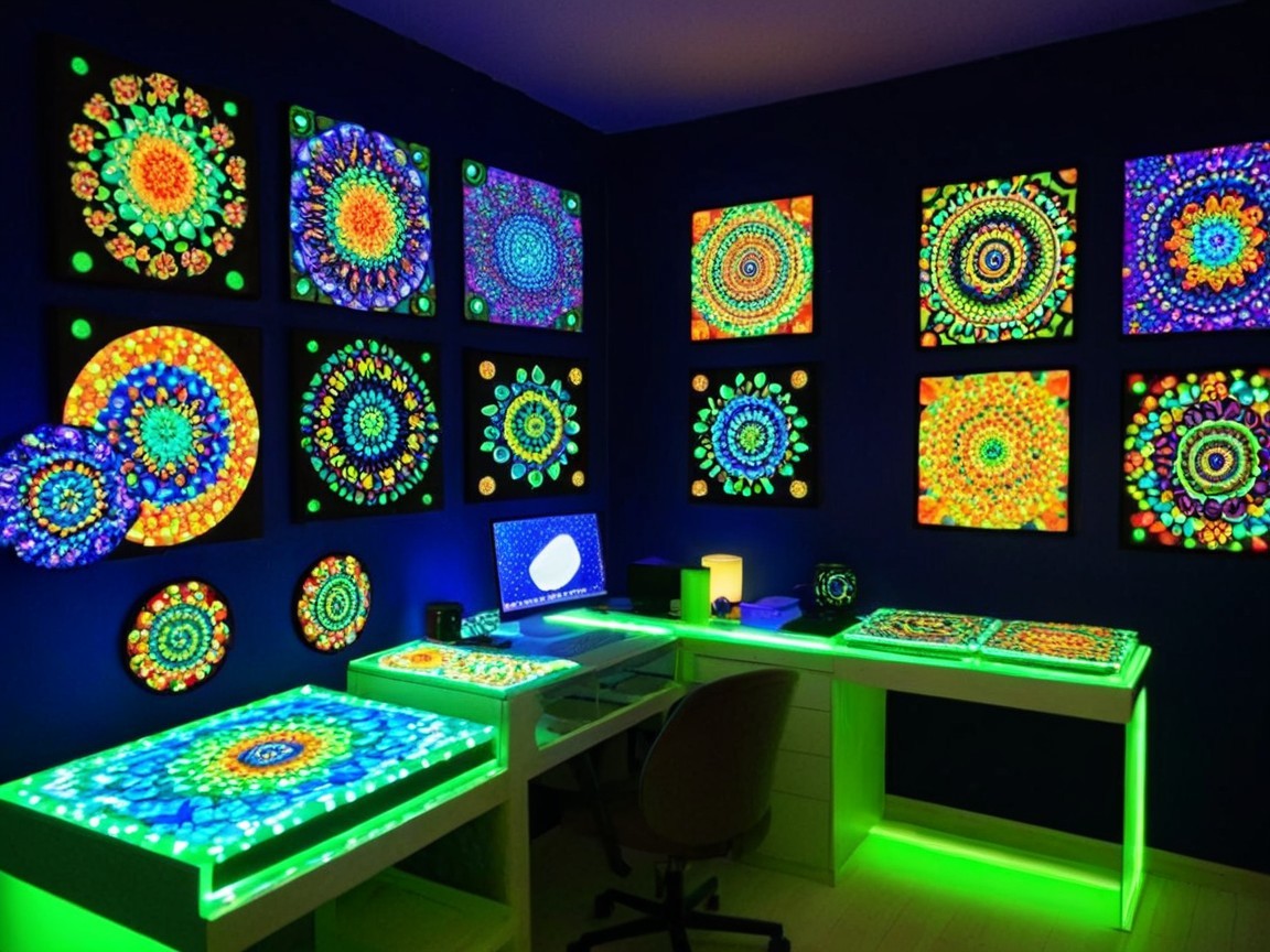 Vibrant Modern Workspace with Psychedelic Wall Art