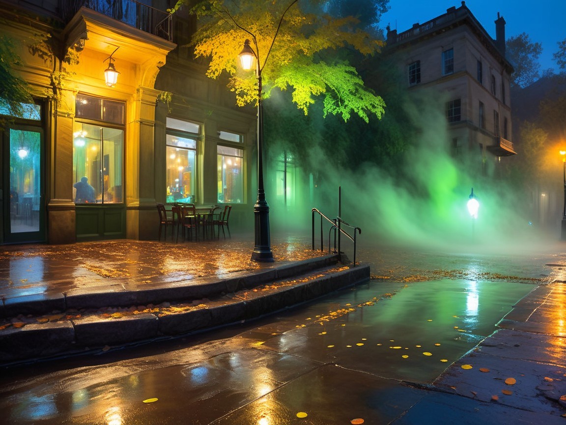 Misty Evening Street Scene with Glowing Lamps
