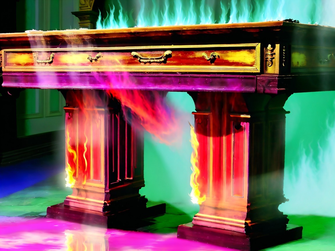 Ornate Wooden Table with Colorful Flame Background