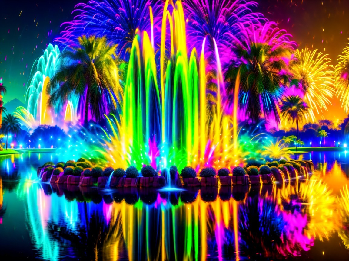 Colorful Fountain and Fireworks Create Enchanting Scene