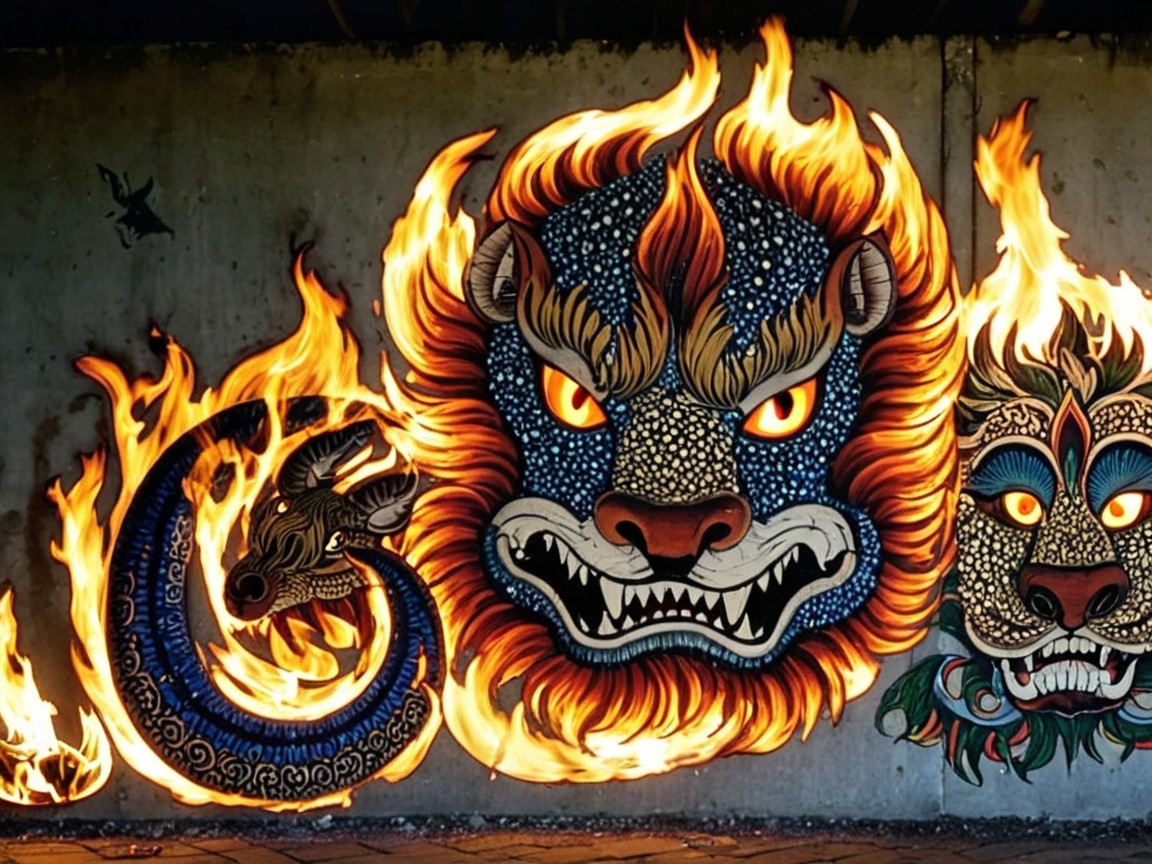 Vibrant Mural of Mythical Creatures with Fiery Colors