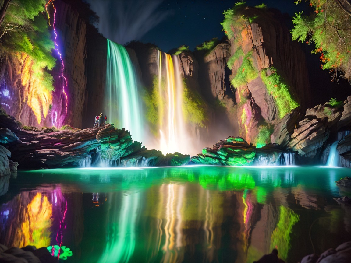 Majestic Waterfall at Night with Vibrant Colors