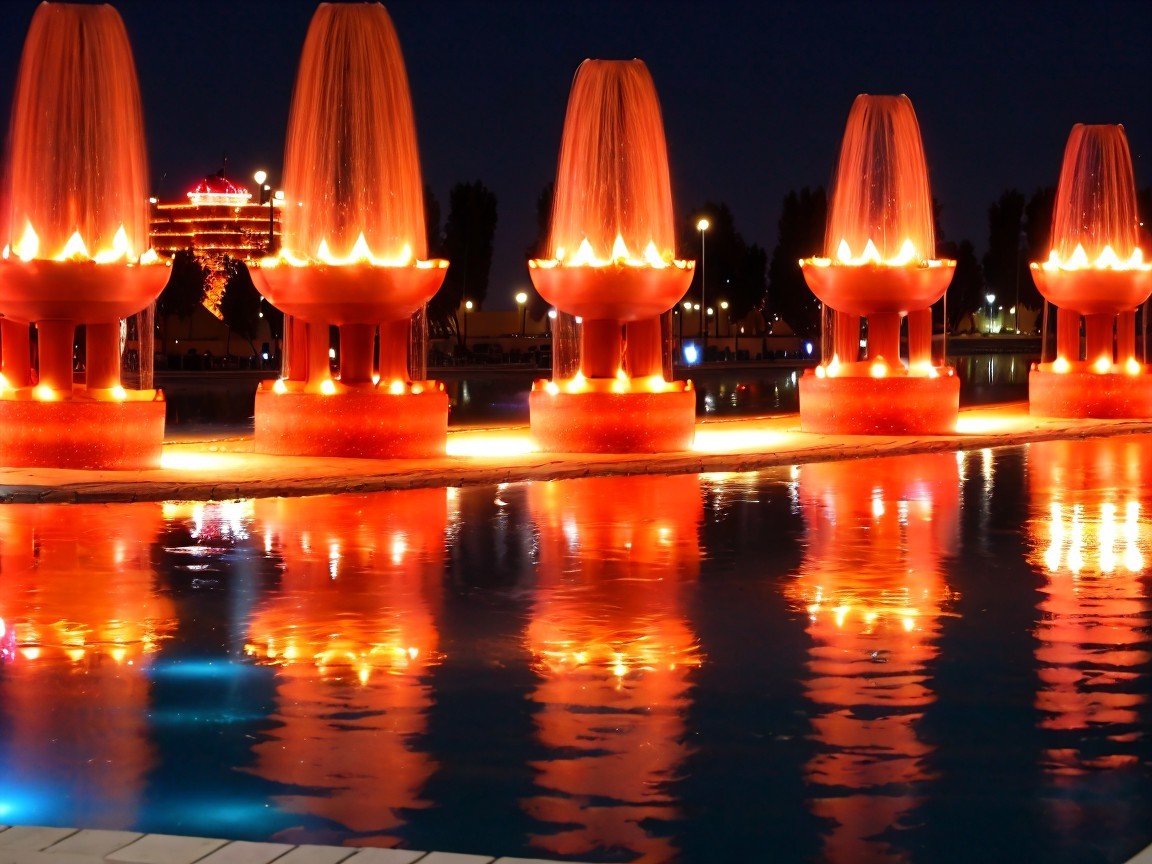 Serene Nighttime Scene with Illuminated Fountains
