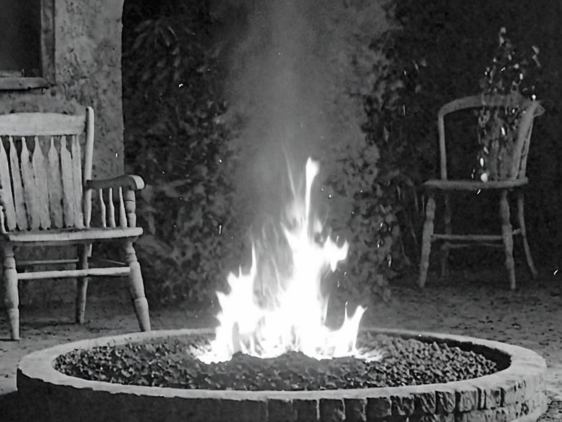 Cozy Outdoor Scene with Stone Fire Pit and Chairs