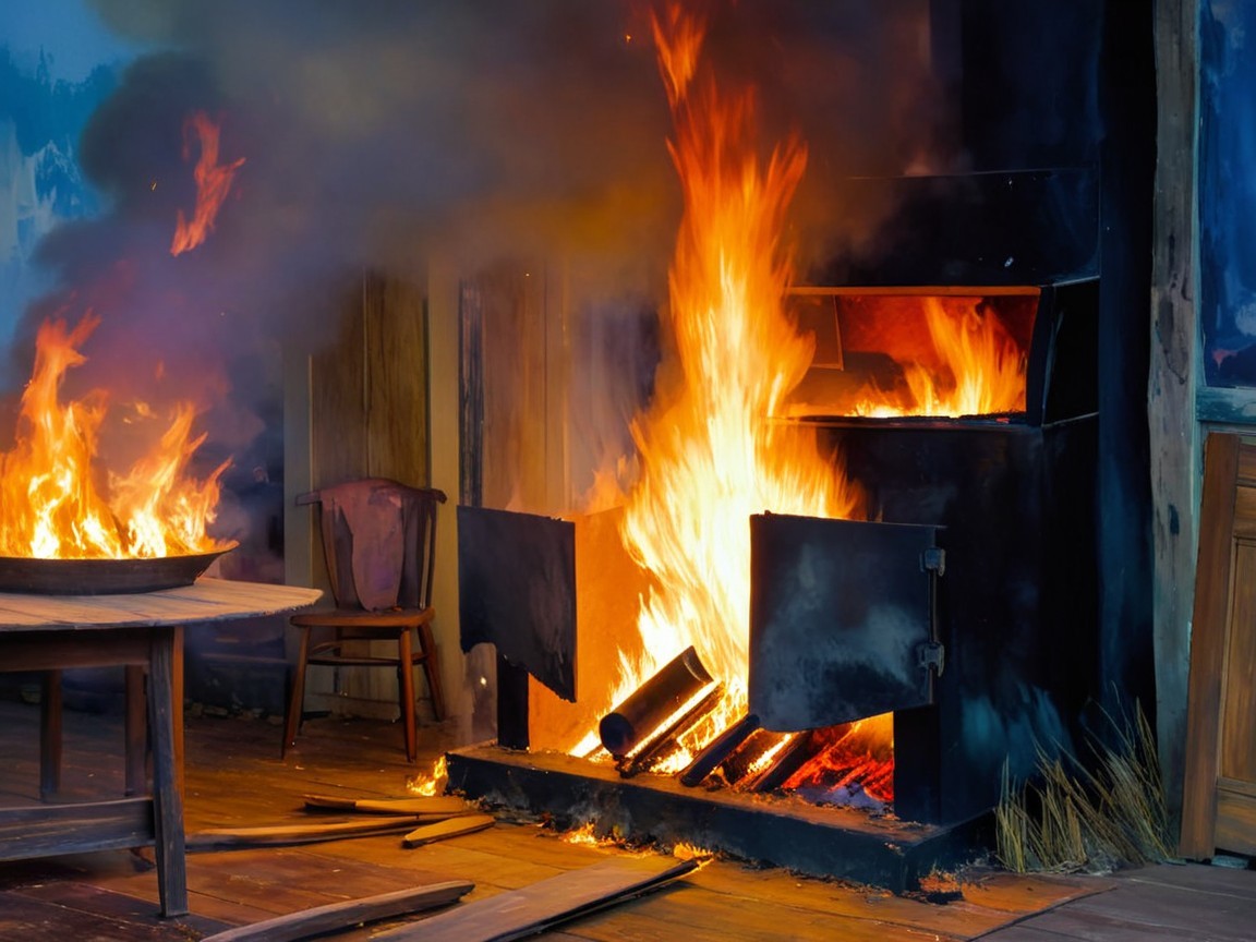 Dramatic Scene of Fire in a Rustic Room