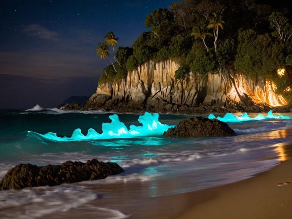 Serene Night Beach Scene with Turquoise Waves and Stars