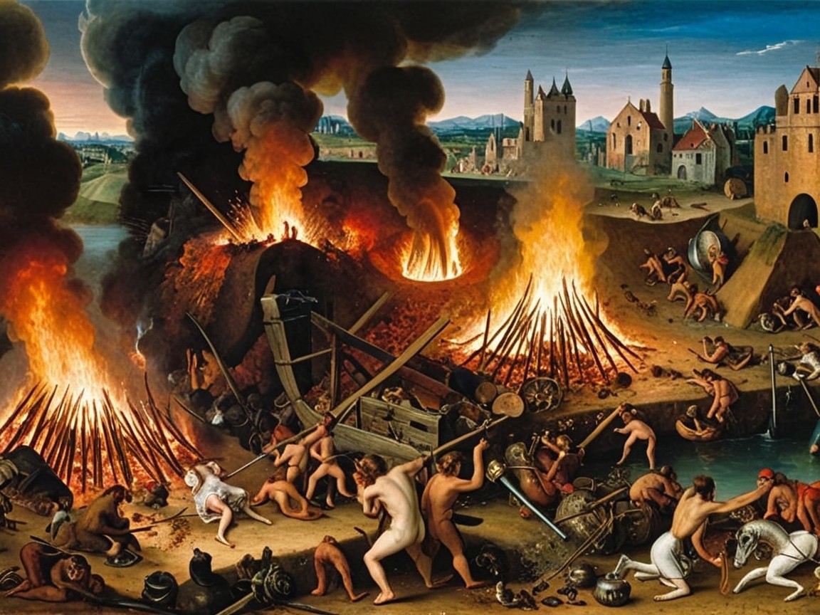 Chaotic Scene of Destruction and Turmoil in Painting