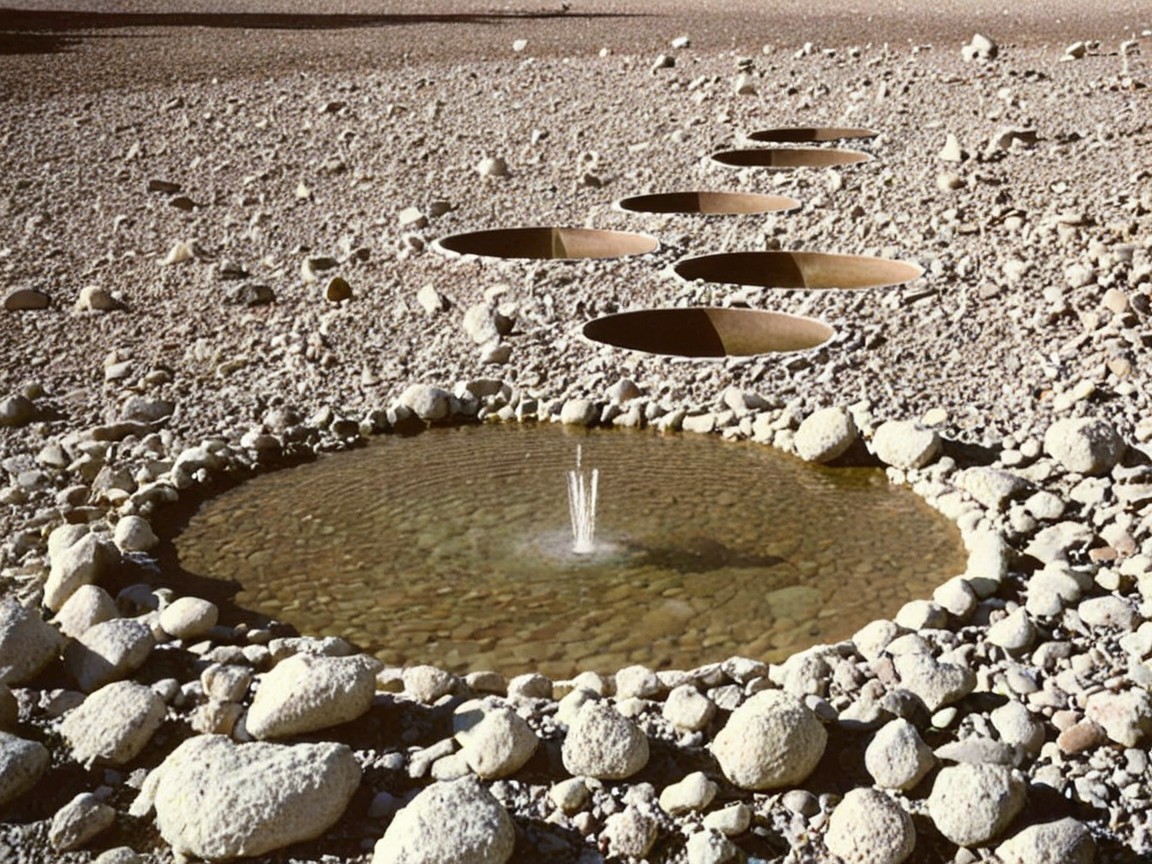 Circular Depressions in Rocky Arid Landscape with Pool