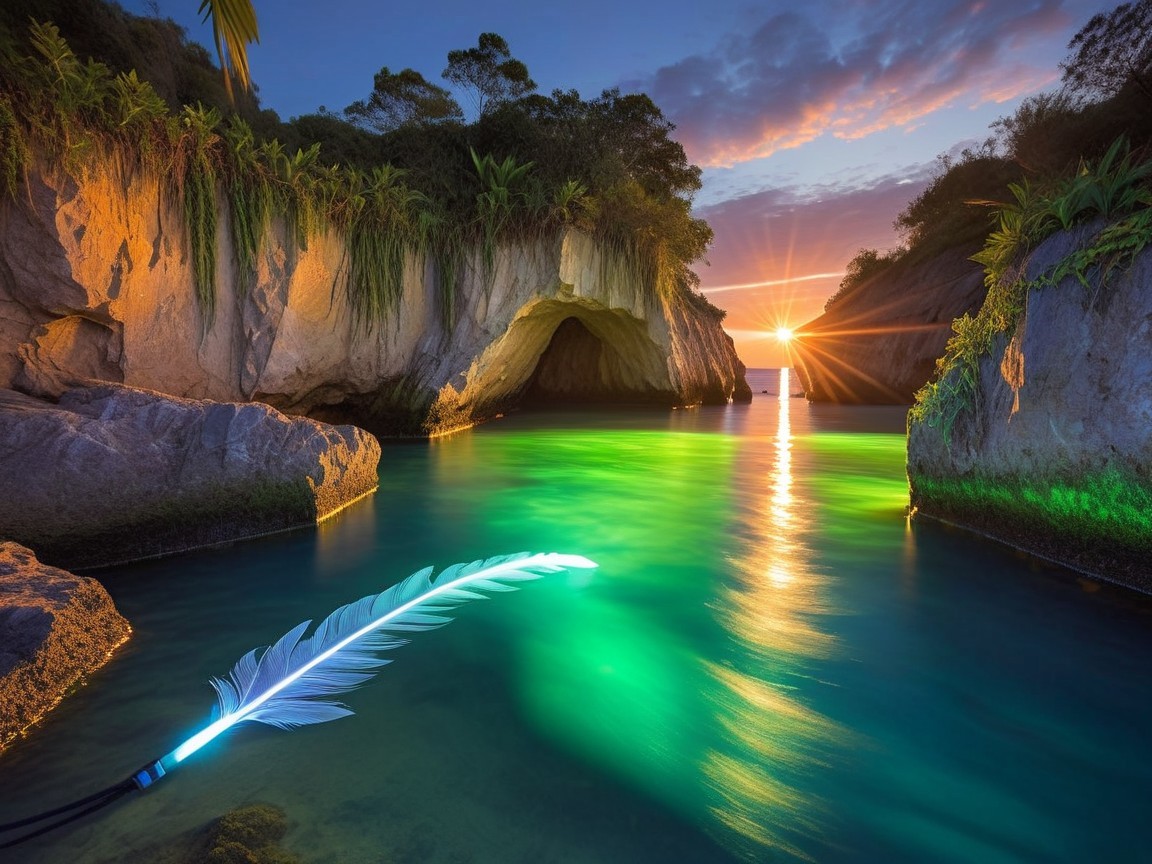 Serene Inlet at Dusk with Rocky Cliffs and Colors