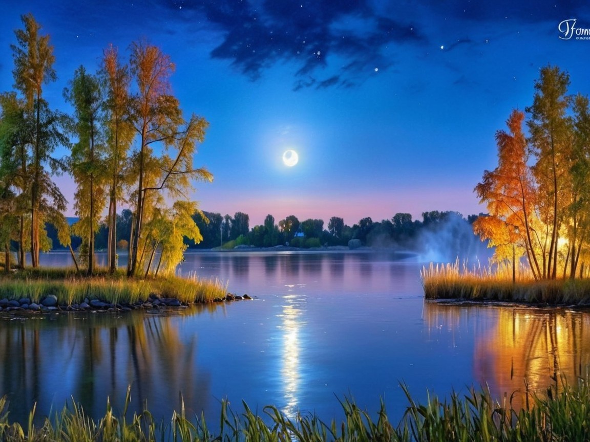 Tranquil Lakeside Scene at Dusk with Autumn Foliage
