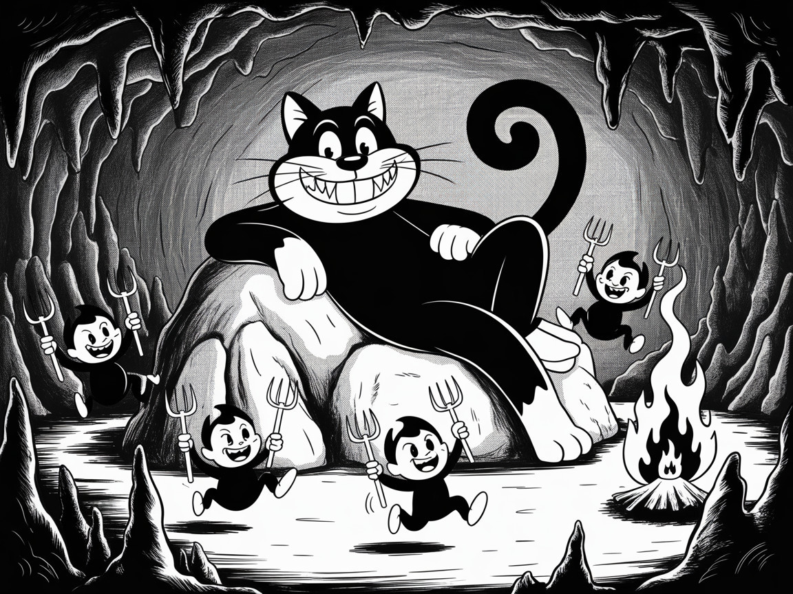 Mischievous Cat Among Dancing Impish Characters