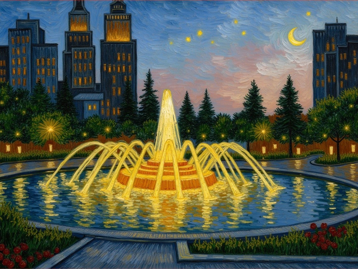 Vibrant City Park at Twilight with Fountain and Trees