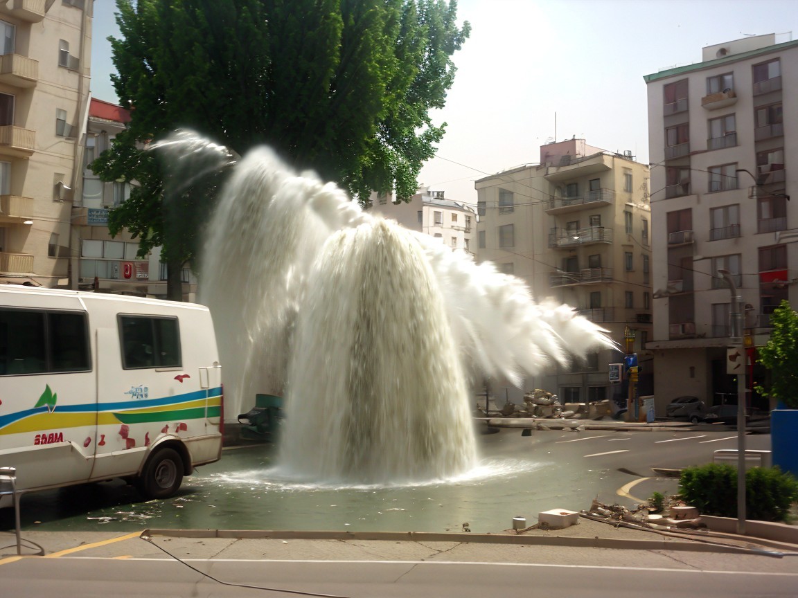 Dramatic Fountain Erupts in Urban Street Scene