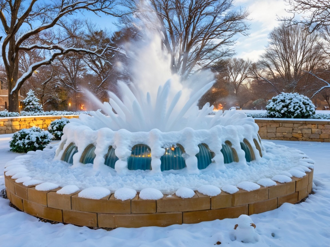 Fountain in a serene winter landscape with snow