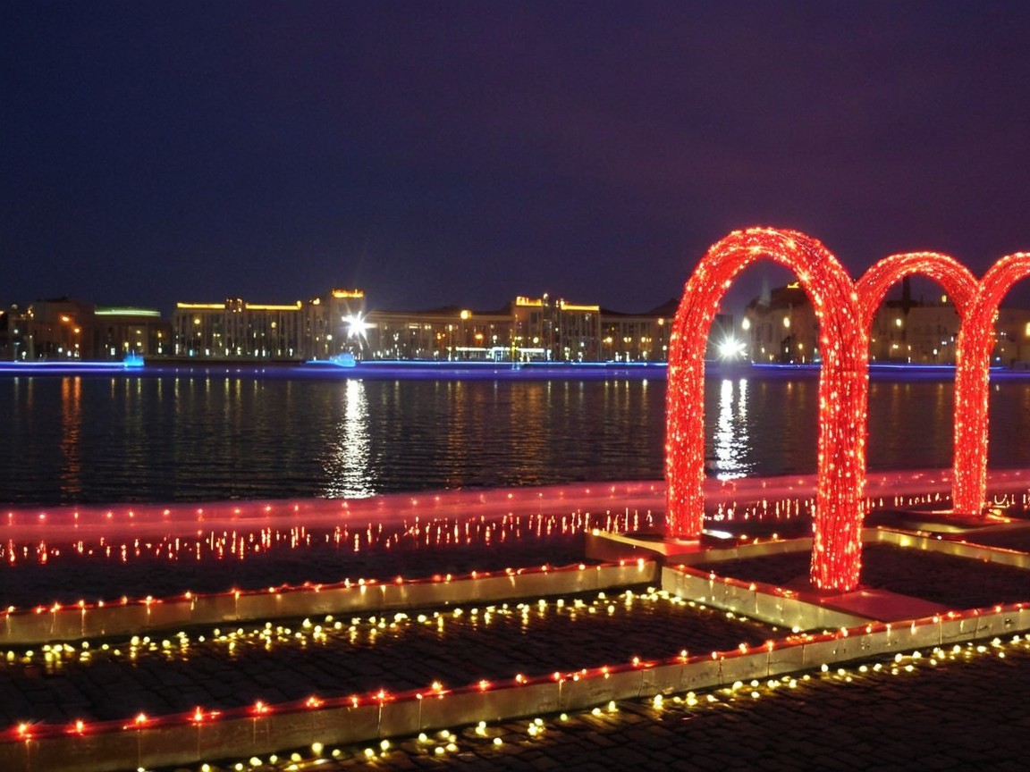Serene Riverside Scene with Colorful Lights and Arches
