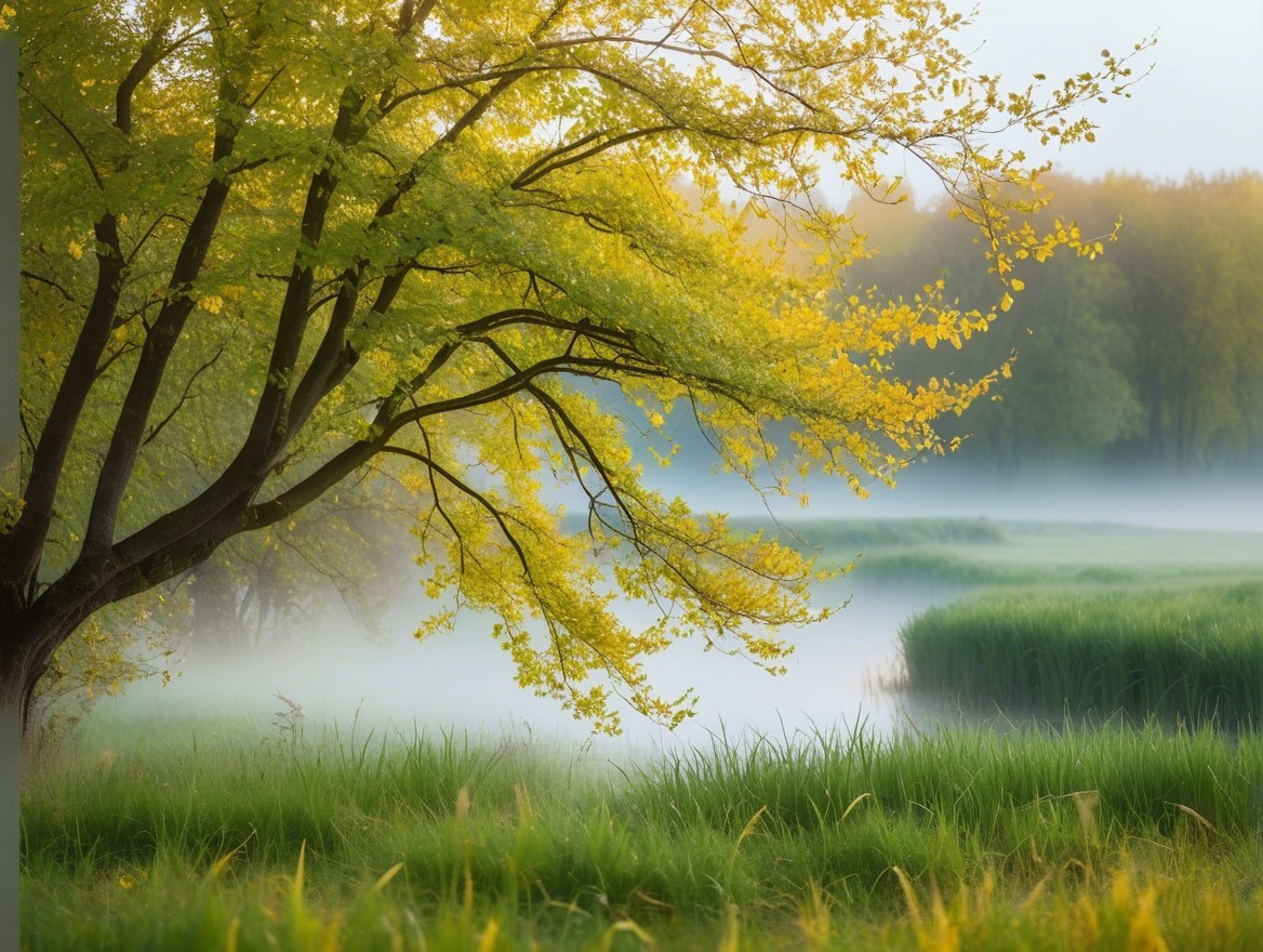 Serene landscape with yellow-leaved tree and misty lake