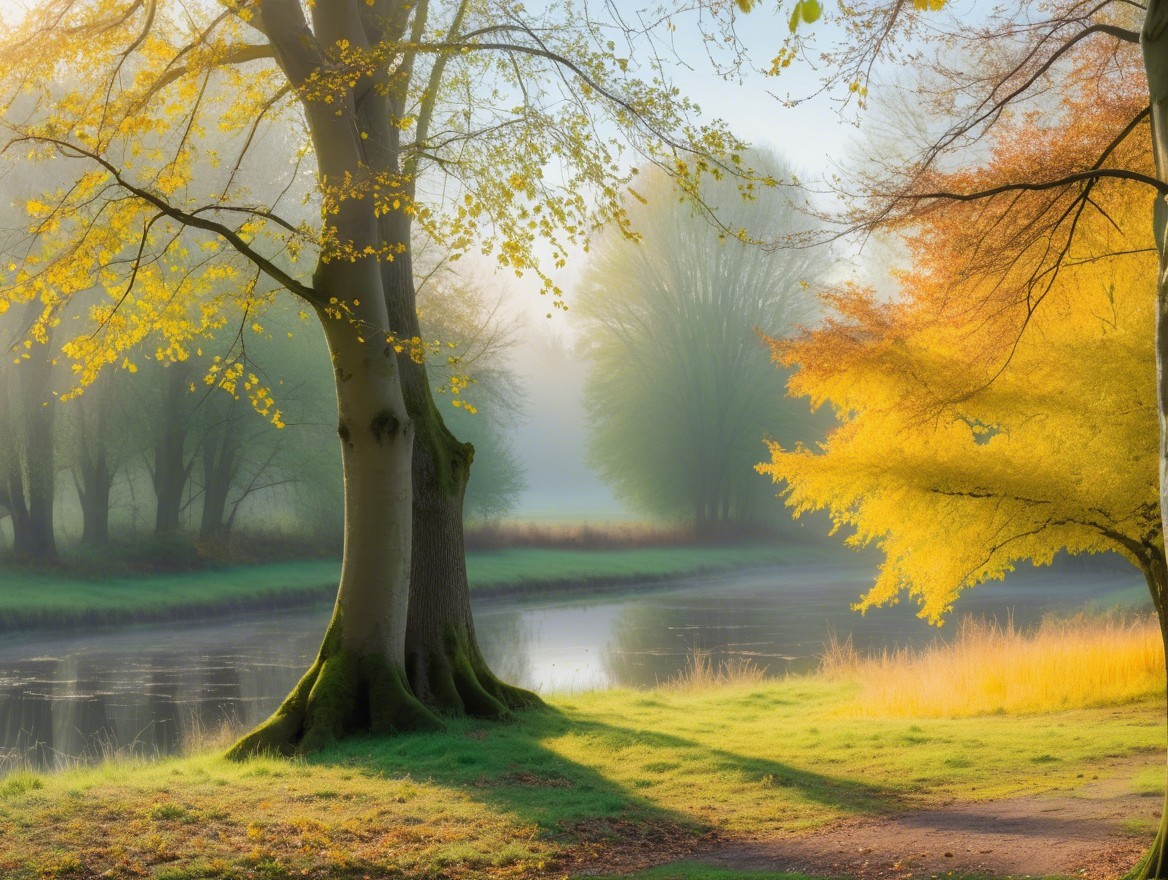 Serene Autumn Landscape with Golden Morning Light
