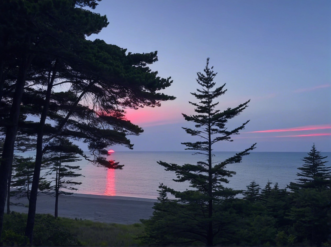Beach Sunset with Silhouetted Evergreen Trees