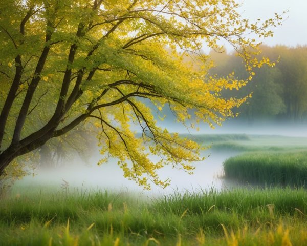 Serene landscape with yellow-leaved tree and misty lake