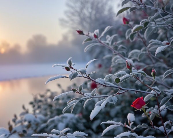 Serene Winter Scene with Frosted Rosebuds and Water