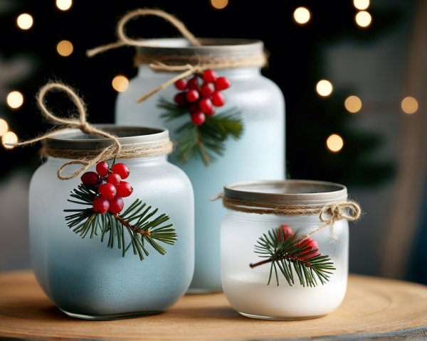 Frosted Glass Jars with Holiday Decor and Bokeh Lights