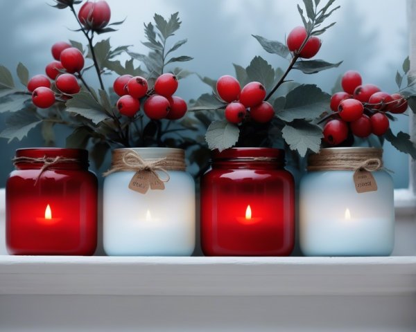 Candle Jars in Red and Blue with Natural Decor