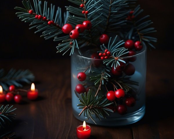 Festive Evergreen Arrangement with Red Berries and Candles