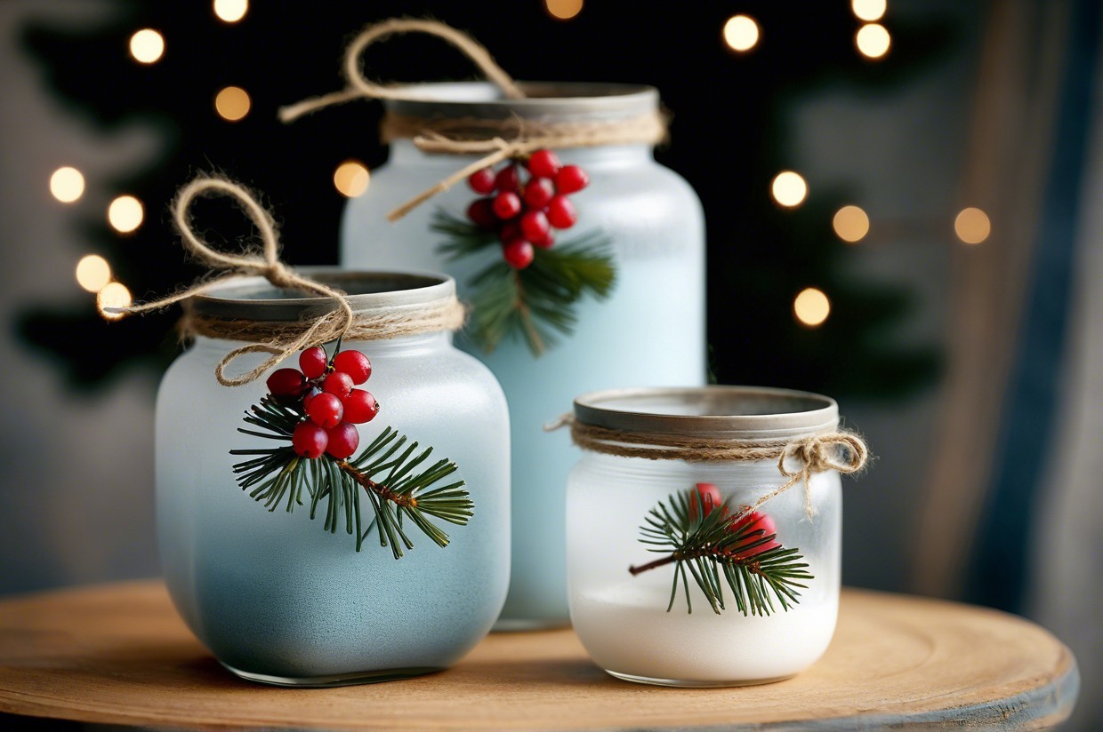 Frosted Glass Jars with Holiday Decor and Bokeh Lights