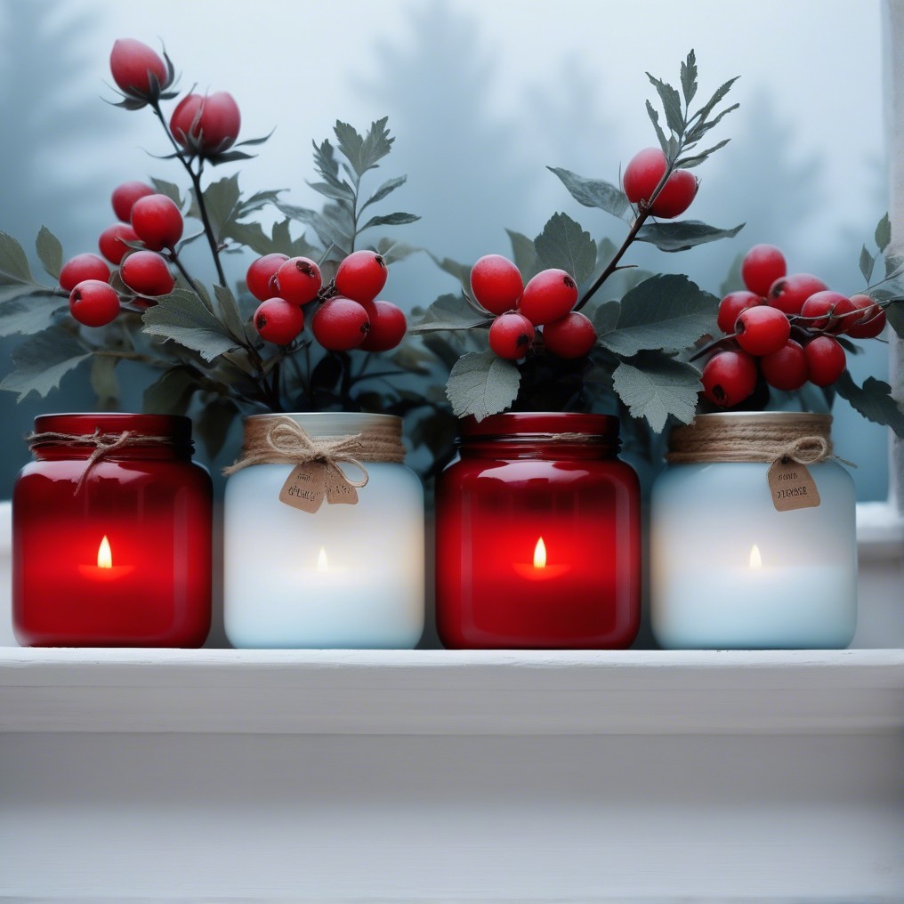 Candle Jars in Red and Blue with Natural Decor