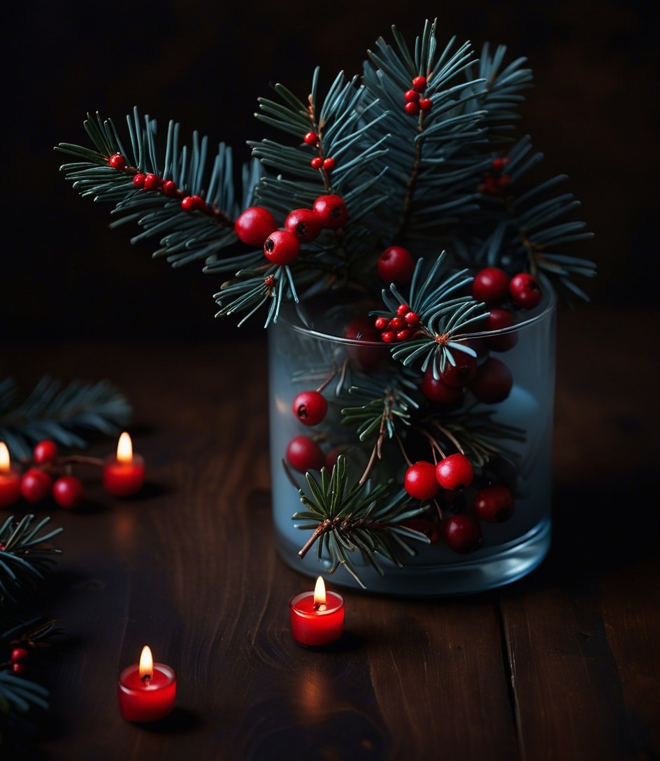 Festive Evergreen Arrangement with Red Berries and Candles
