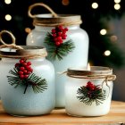 Frosted Glass Jars with Holiday Decor and Bokeh Lights