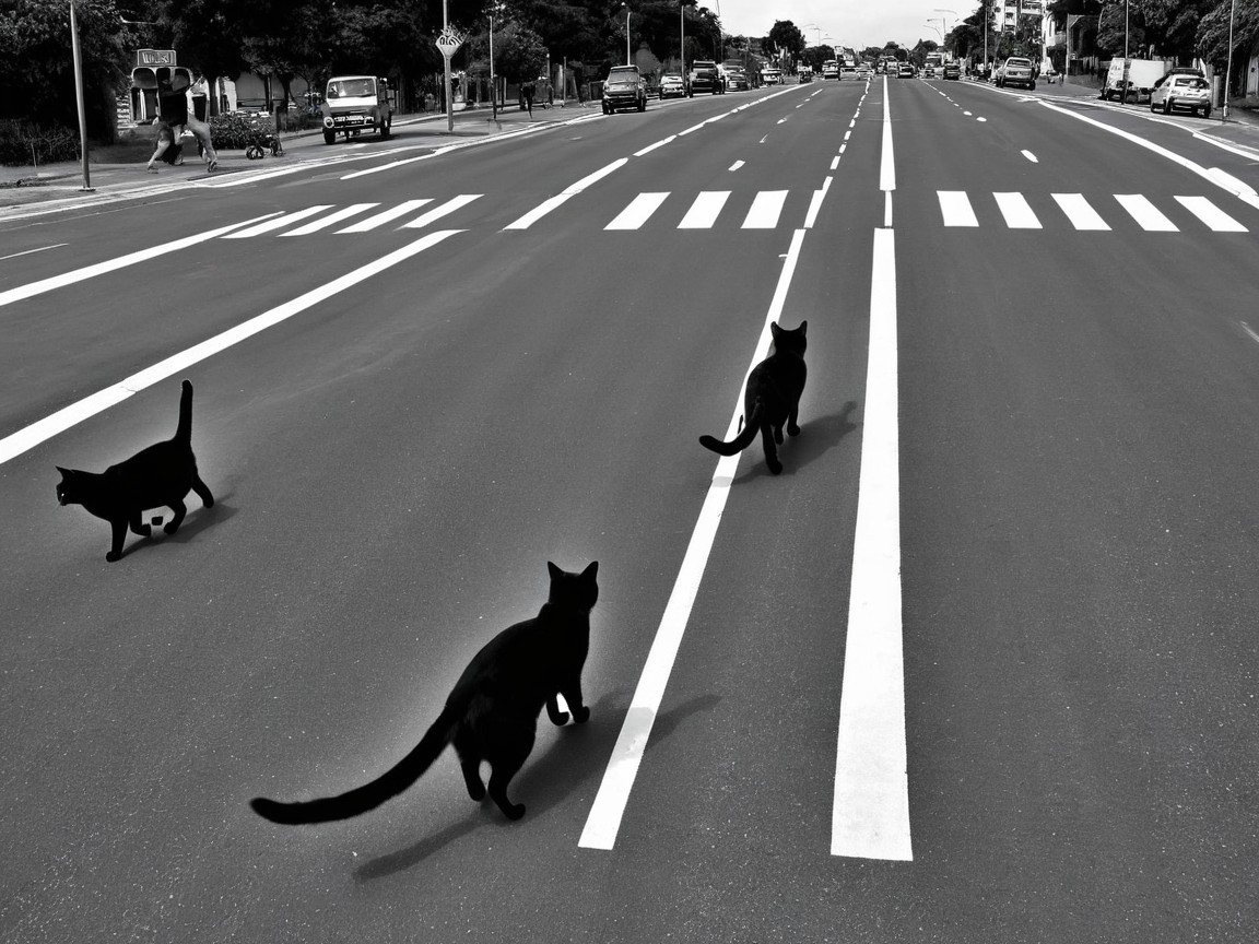 Black Cats Walking on an Empty Road in Black and White