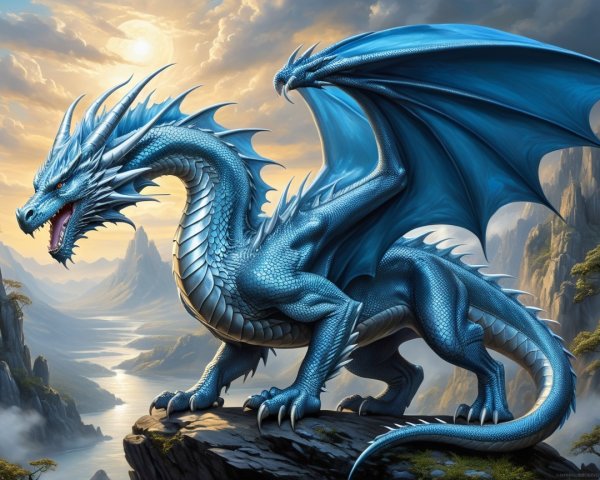 Majestic blue dragon on a rocky ledge at sunset