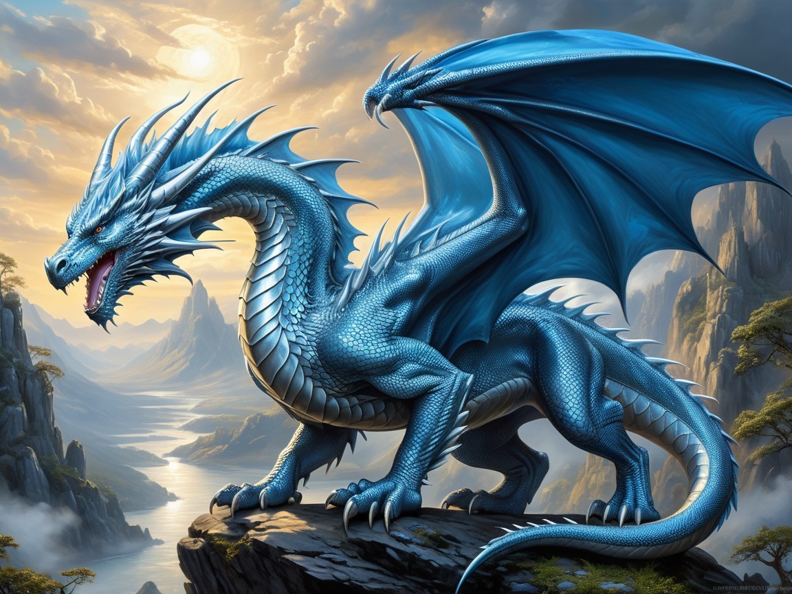 Majestic blue dragon on a rocky ledge at sunset