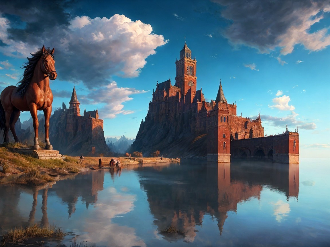 Gothic Castle on Cliff Surrounded by Serene Waters