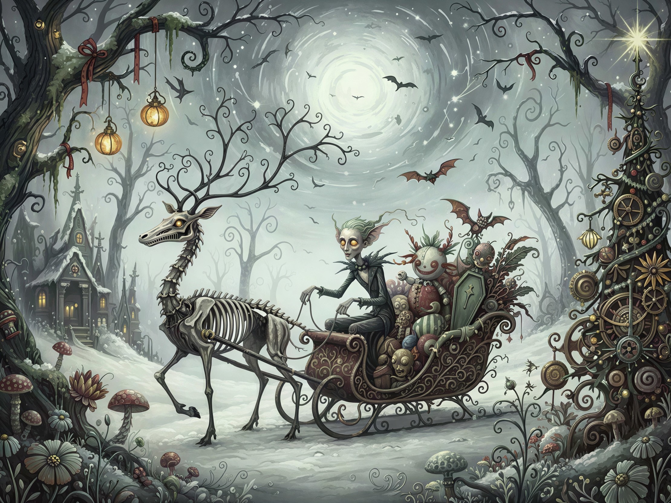 Spooky Christmas Scene with Skeleton Reindeer and Goblin