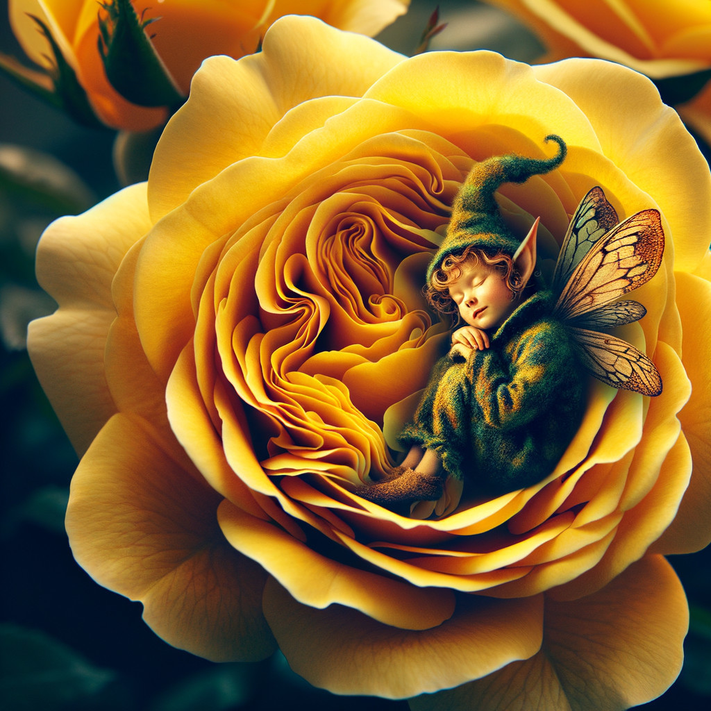 Fairy Sleeping in a Yellow Rose Petal Sanctuary