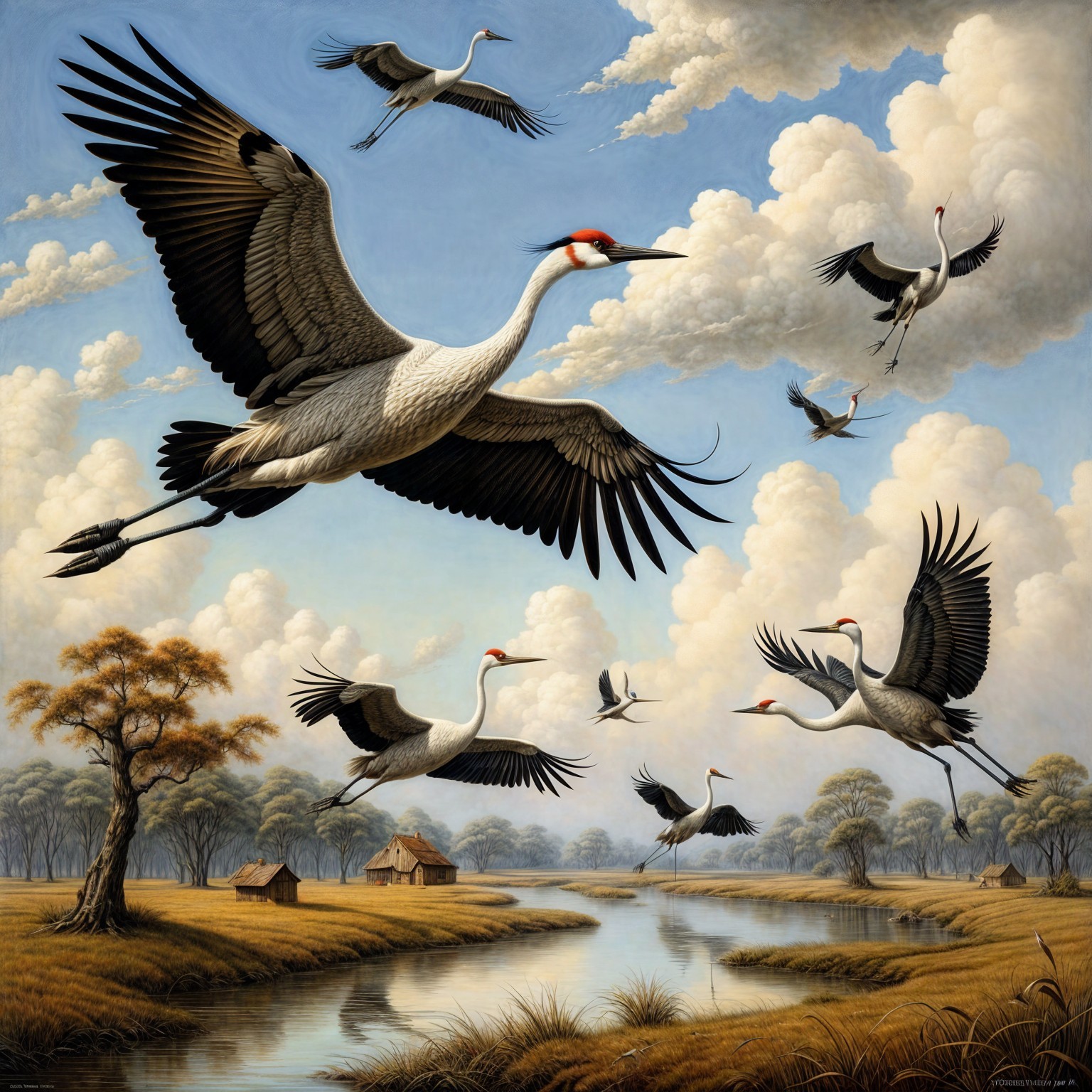 Serene Landscape with Cranes and Calm River