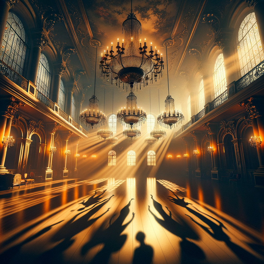 Opulent hall with golden light and elegant architecture