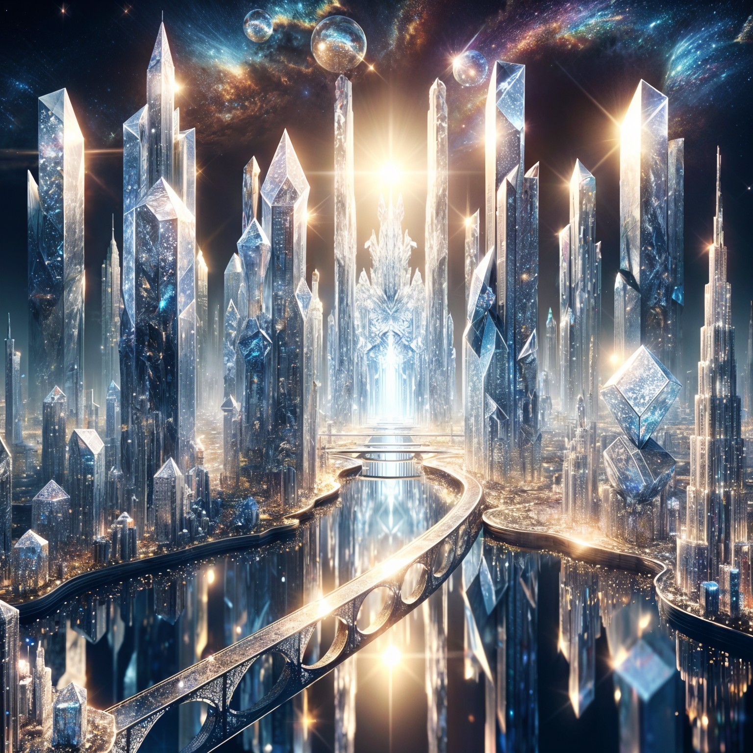 Futuristic cityscape with crystalline structures and reflections