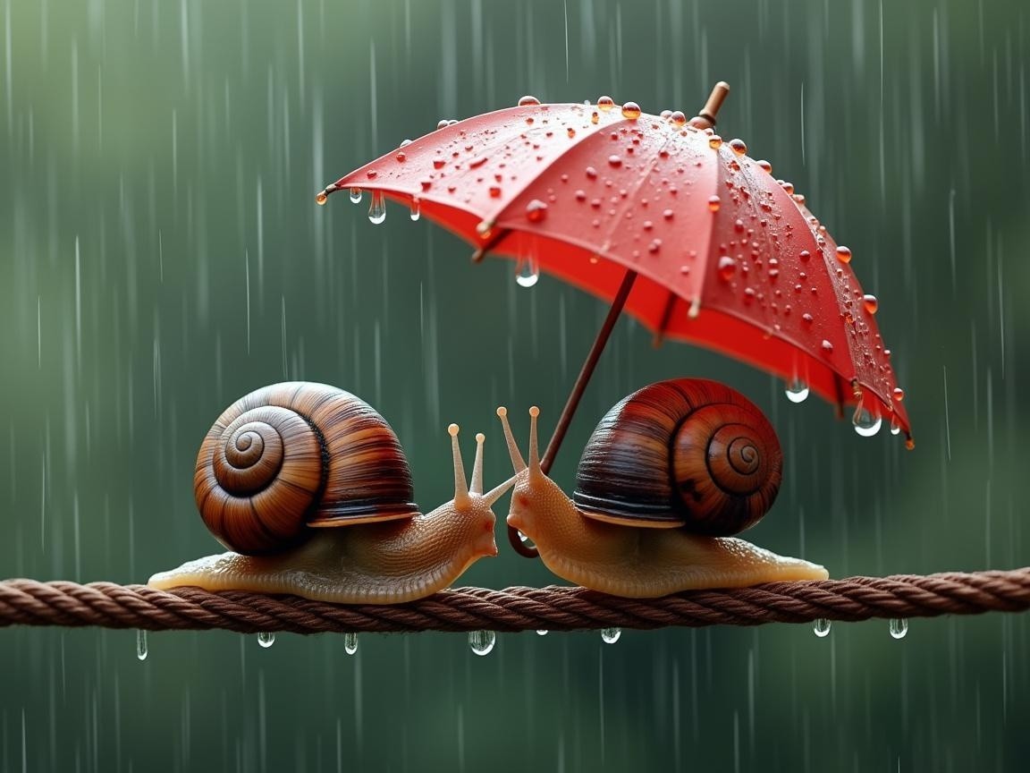 Snails Under a Red Umbrella in Gentle Rain
