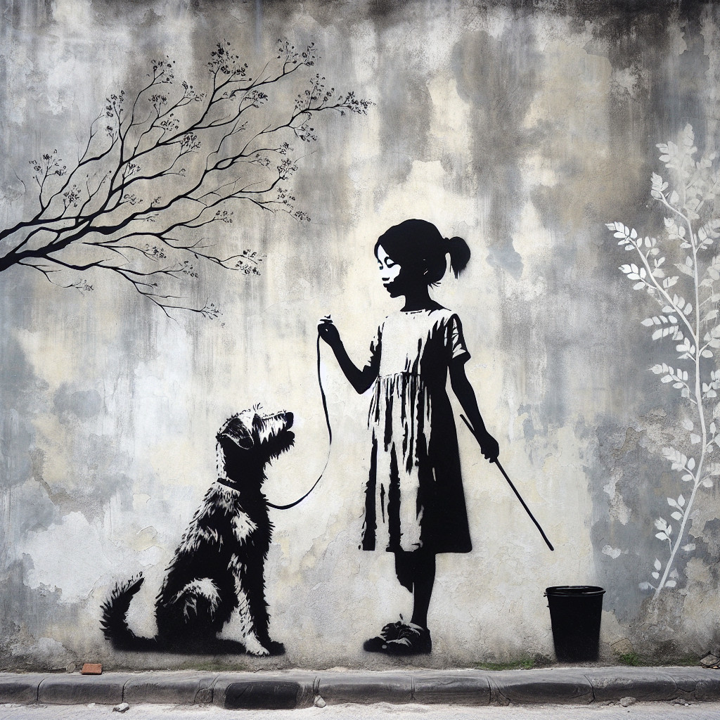Monochrome Mural of Girl and Dog in Serene Setting