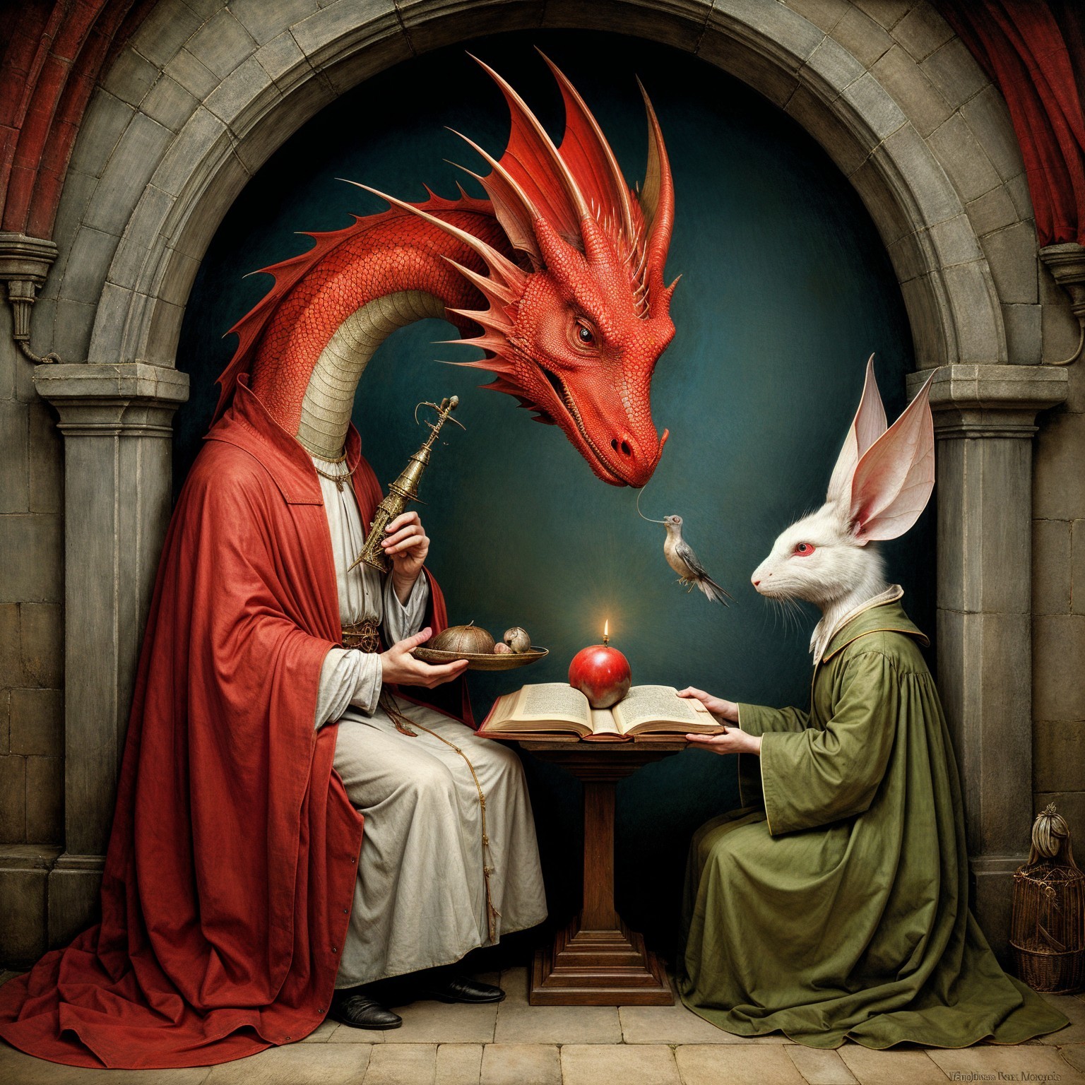 Whimsical Meeting of a Dragon and Humanoid Rabbit