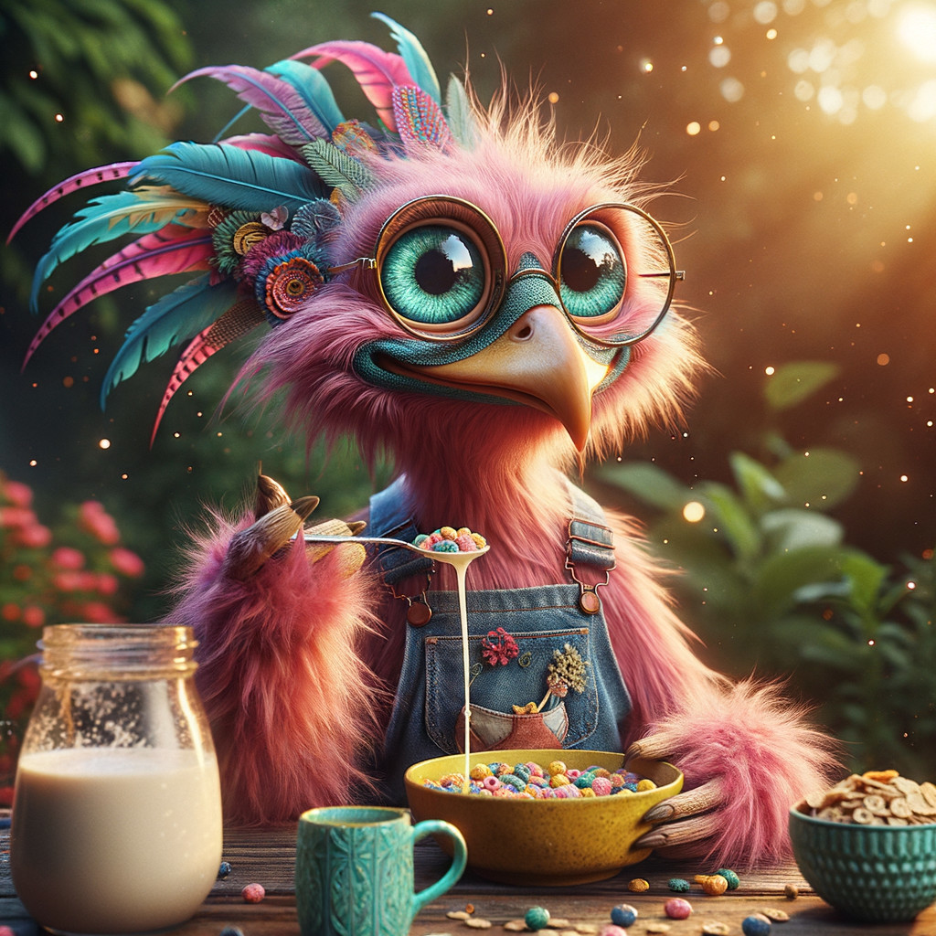 Whimsical Pink Bird with Cereal at Outdoor Table