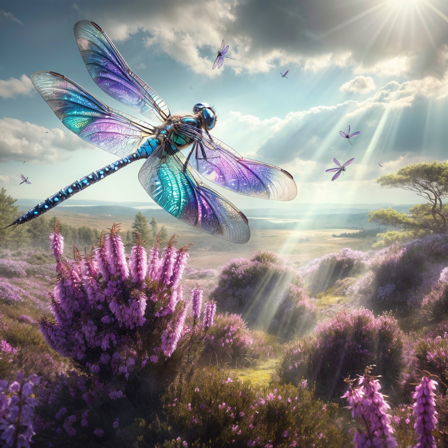 Vibrant Dragonfly Above Purple Heather Landscape